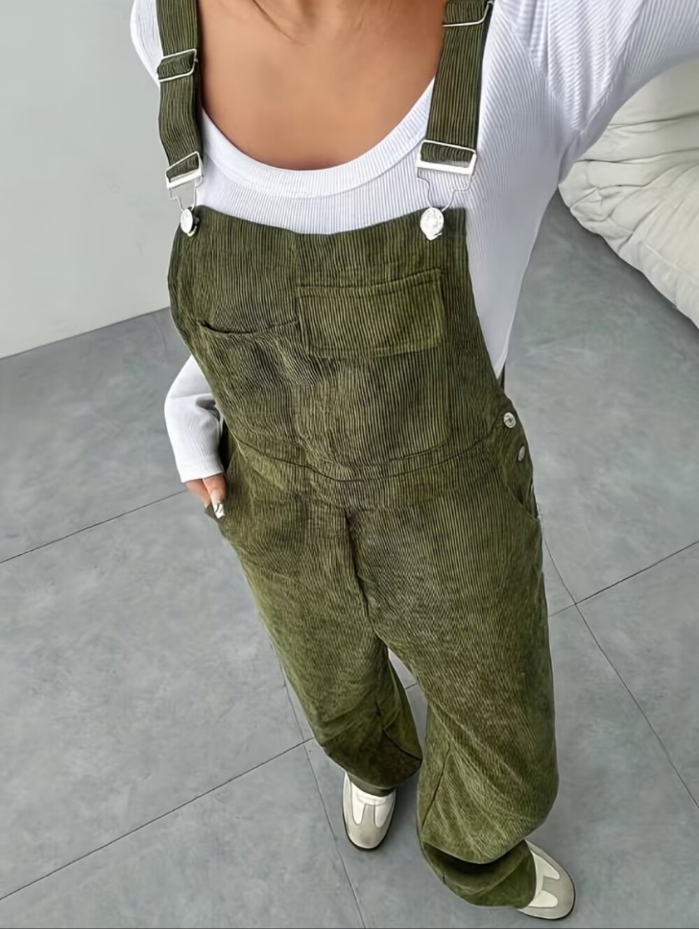 Women's Olive Green Corduroy Overalls Jeans Bibs